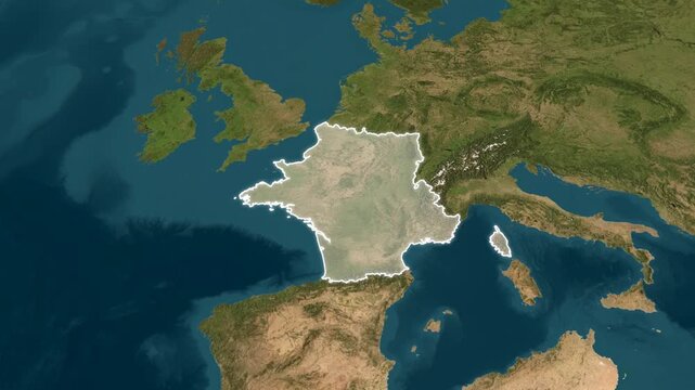 France country shape outlined in clean white on a 3D satellite terrain map, animated with a slow orbital rotation around its western European location