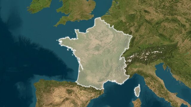 Birds eye satellite view of France highlighted with a minimal white outline against natural terrain and the surrounding western European geography