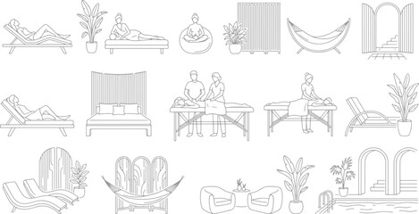 Obraz premium Spa and wellness center vector line art collection featuring people relaxing on lounge chairs receiving massages and luxury resort interior elements