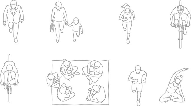Top view architectural scale figures of people walking running cycling and sitting in minimalist line art vector style for site plans