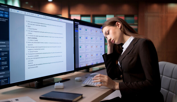 Young Female Lawyer Feeling Tired While Reviewing Legal Documents