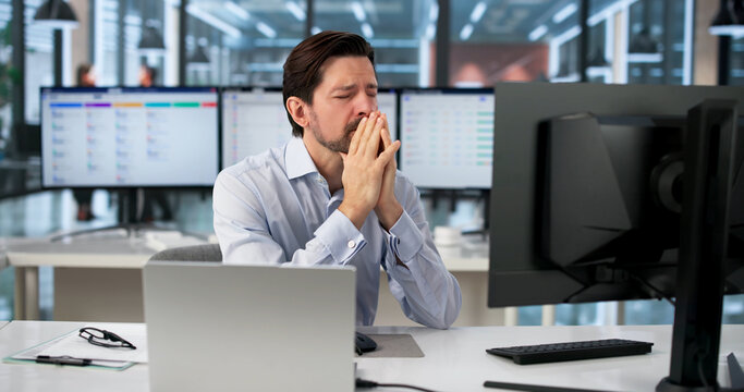 Tired Man Rubbing Swollen Sore Eye From Computer Screen Strain