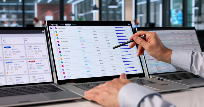 Experienced Accountant Uses Digital Payroll System On Laptop