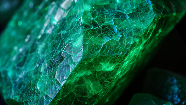 Macro detail of natural uncut emerald gemstone showing internal structure
