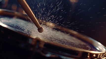Obraz premium Close up of a drumstick striking a drumhead causing water droplets to splash dynamically
