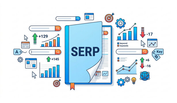 SERP and search engine optimization analytics concept vector illustration with digital marketing icons.