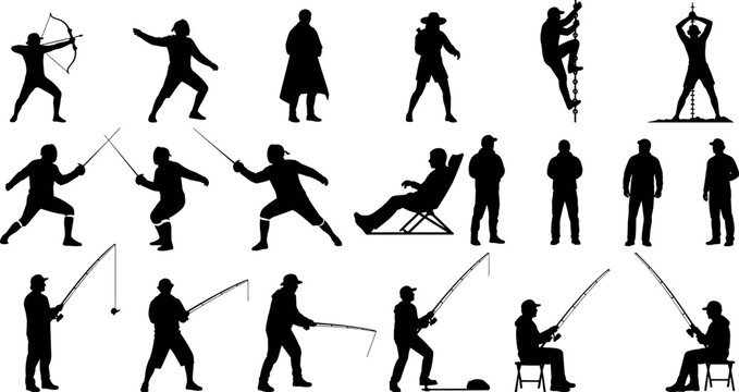 Human Activity Silhouette Collection with Archery Fishing Fencing Climbing and Sports Action Vector Illustration Set