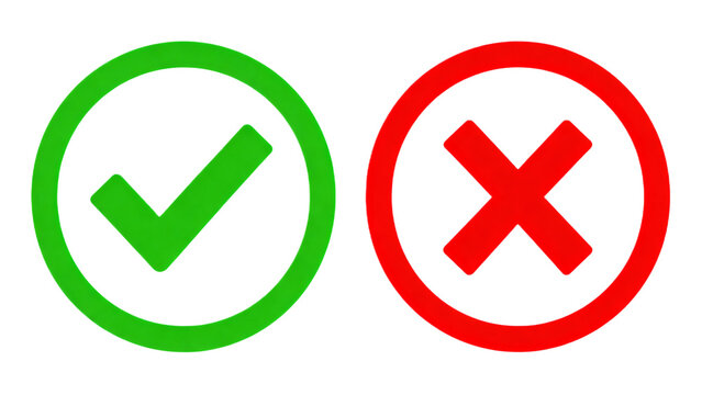 Prominent green check mark and red cross symbols representing approval, denial, or correct and incorrect choices displayed on a clean white background, ideal for decision-making concepts