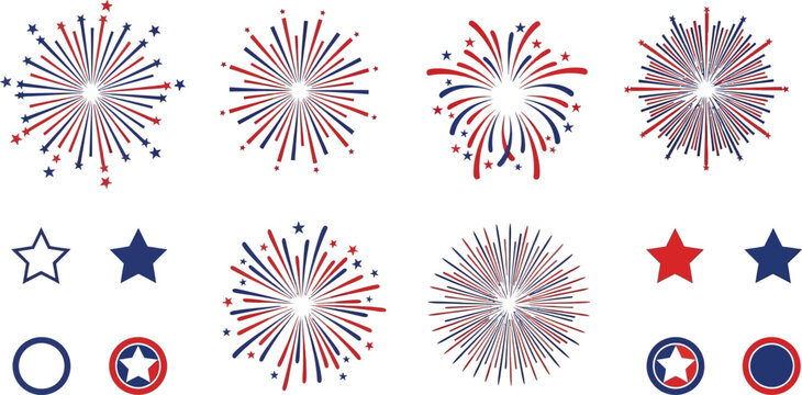 Independence day fireworks collection patriotic red white and blue vector graphics