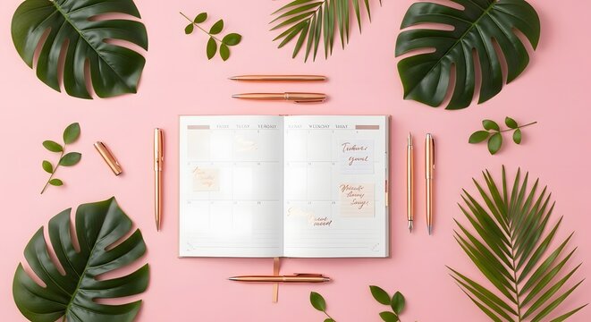 An open notebook with a rose gold pen lies flat on a pink surface surrounded by tropical leaves and pens.