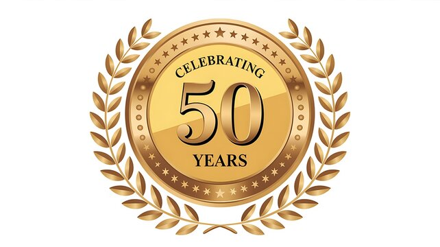 Golden 50th anniversary logo, celebrating fifty years, gold laurel wreath, shiny metallic emblem