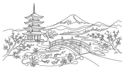 Fototapeta premium A serene Japanese landscape with pagoda and bridge.
