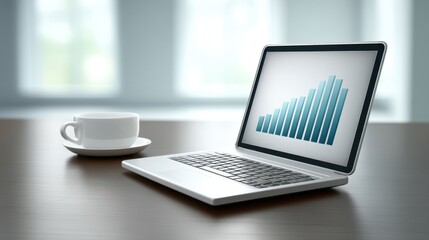 Fototapeta premium Modern workspace scene featuring a laptop displaying a growth chart, a coffee cup on a wooden table in a well-lit office environment fostering productivity.