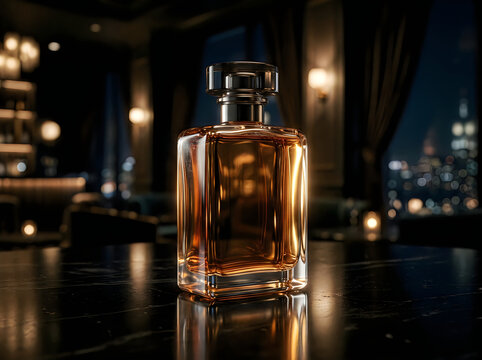 Amber perfume bottle with dark bokeh background