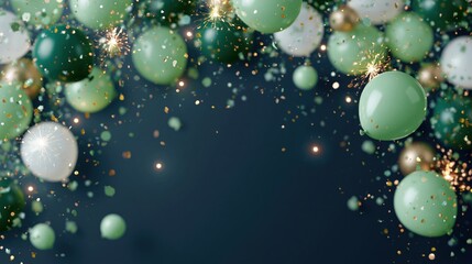 Fototapeta premium Festive Green and White Balloons with Gold Glitter Sparkle Overlay on Dark Background