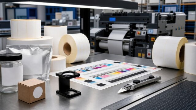Workstation setup for printing labels with various materials and tools at a printing facility in a busy industrial area during daytime