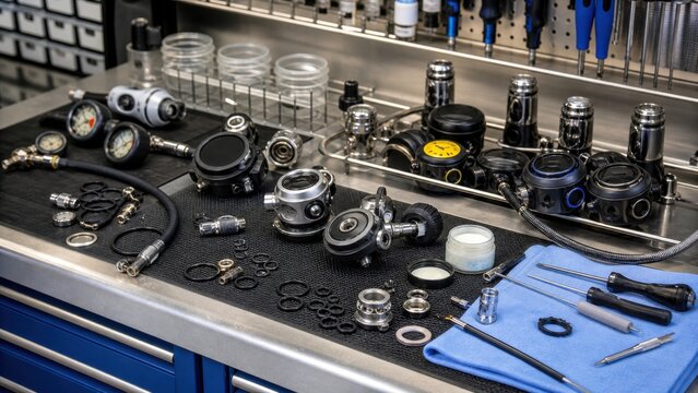 Tools and parts for inspecting and repairing diving equipment on a workshop table in a busy service area during daylight hours