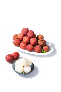 Fresh Lychee Fruits from Guangxi Hainan China Showing Whole and Peeled Nucleusless White Flesh