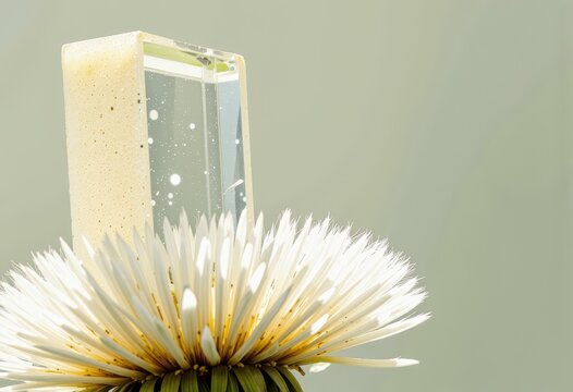 Artistic Glass Block on Spiky White Flower in Soft Natural Light