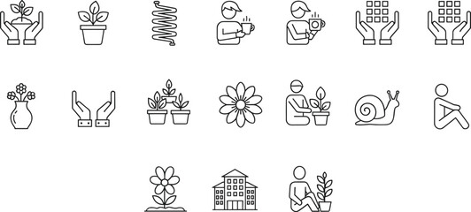 Gardening and Plant Icon Set Featuring Hands Holding Plants, Potted Plants, Flowers, Snail, and People for Digital, Web, and App Designs © MstBabli