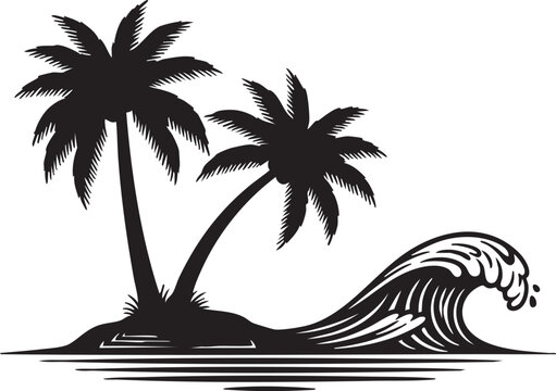 Black silhouette of two palm trees on a small island with a wave crashing
