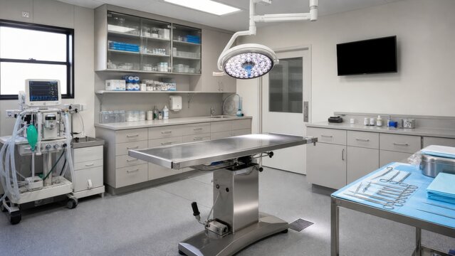 Modern veterinary clinic interior with surgical table and medical equipment for animal care in bright setting