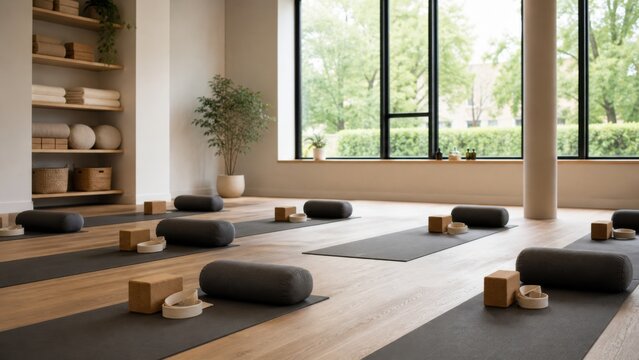 Yoga studio setup with mats, blocks, and props ready for a session in a bright space with large windows