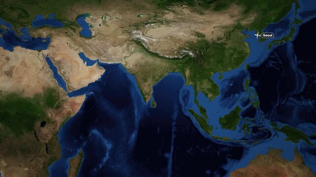 Animated Flight Map Route from Seoul South Korea to Addis Ababa Ethiopia