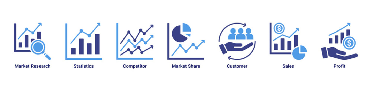 Market Analysis web banner icon vector illustration with icons of Market Research, Statistics, Competitor, Market Share, Customer, Sales and Profit