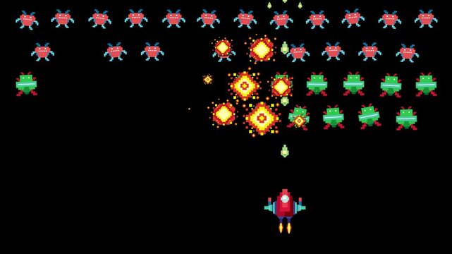 Retro Pixel Art Space Shooter Game Animation with Explosions