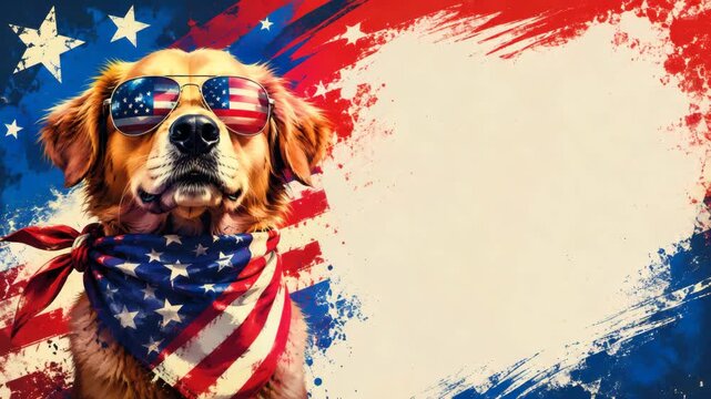Patriotic dog with themed apparel on colorful backdrop for 250th anniversary celebration, ideal for national commemorations, campaigns, invitations and seasonal marketing