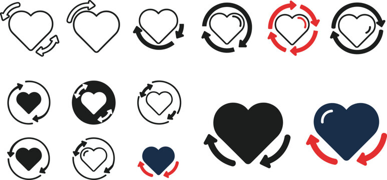 Heart and Love Icon Set Featuring Circular Arrows, Refresh, and Sync Symbols in Multiple Styles and Colors for Digital, Web, and App Designs