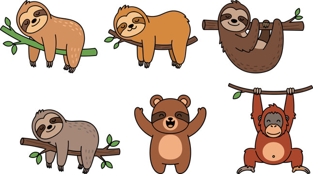 Cute Sloth and Orangutan Cartoon Animal Collection with Jungle Character Vector Illustration Set for Kids