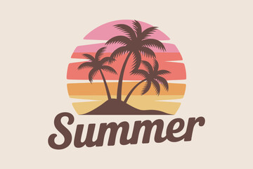 Fototapeta premium Summer sunset with three palm trees on small island text.