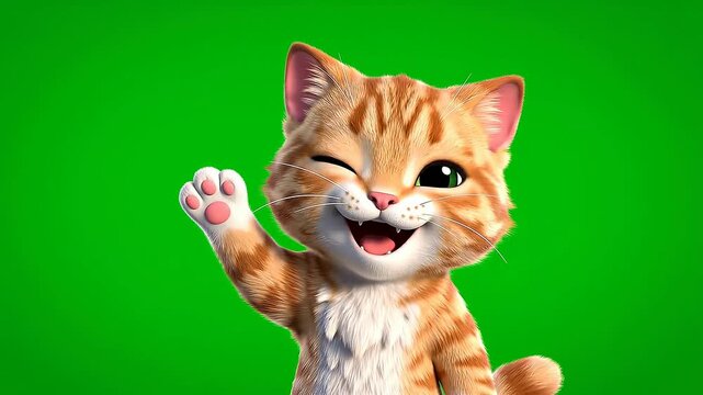 A cute orange tabby cat winks and waves its paw cheerfully on green background
