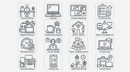 Fototapeta premium Vector line icons depicting modern remote work, digital nomad lifestyle, flexible arrangements, online collaboration, productivity, and balanced professional well-being