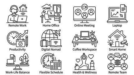 Naklejka premium Collection of icons representing remote work, home office, online meetings, and productivity for a flexible lifestyle