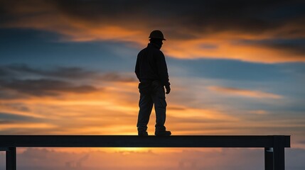 Fototapeta premium Silhouette of a lone construction worker standing on a steel beam at sunset, symbolizing ambition and hard work