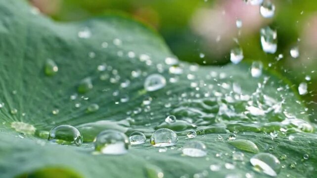 Raindrops Falling on Green Lotus Leaf Macro Close-up