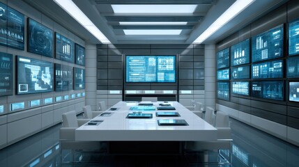 Fototapeta premium High-Tech Conference Room with Advanced Data Visualization and Interactive Displays Featuring Graphs, Charts, and Information Analytics for Strategic Meetings