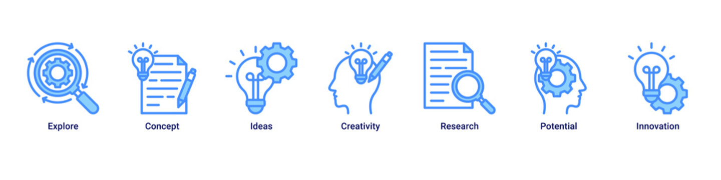 Creative Research web banner icon vector illustration with icons of Explore, Concept, Ideas, Creativity, Research, Potential and Innovation