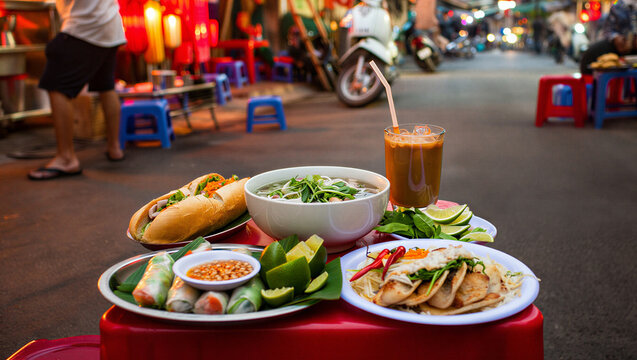 Vietnamese street food spread with banh mi pho spring rolls iced coffee at night