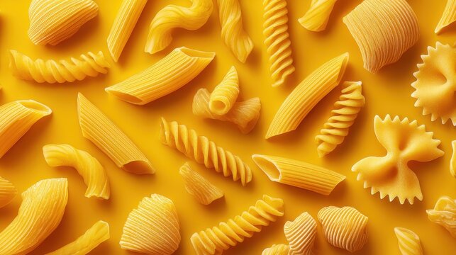 Assorted dry pasta shapes scattered on a vibrant yellow background