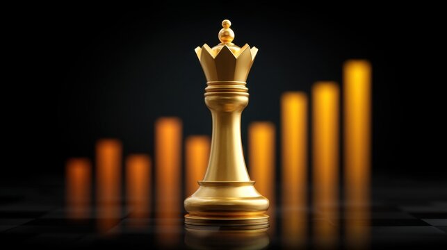 Gold Chess King Piece with Rising Bar Graph Background Representing Strategy, Competition, Success, and Growth in Business or Games