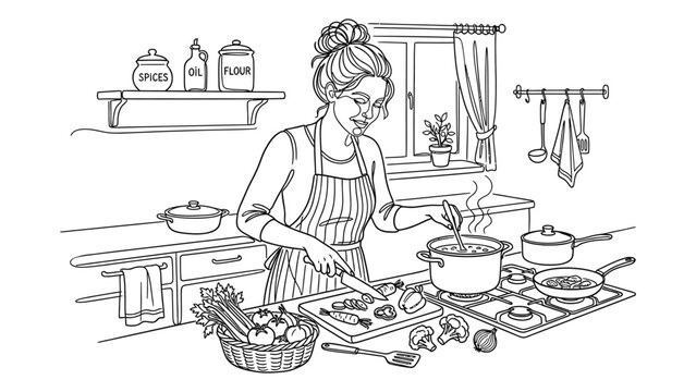 Woman cooking in a kitchen with various ingredients.