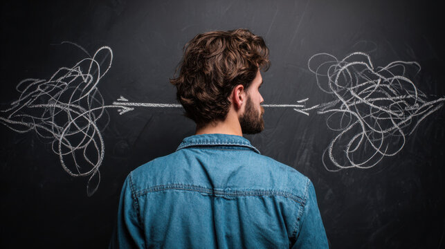 Man solving complex problem finding clear solution path