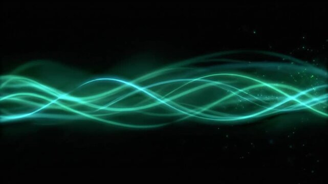 A short-duration motion graphic with an elegant digital abstract theme. Featuring waves of cyan light streaks that meander dynamically and subtly against a pitch-black background.