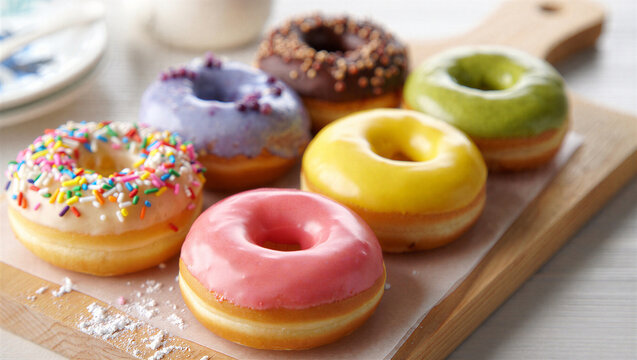 Variety of colorful glazed donuts with sprinkles and toppings on a wooden