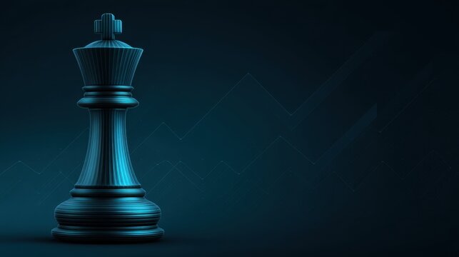 Elegant black and blue chess king piece on dark background with abstract lines, symbolizing strategy, leadership, and competition in gaming and business