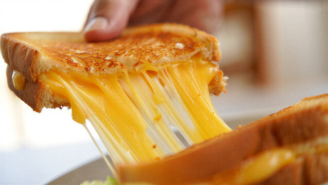 Person pulling apart melted cheese grilled sandwich on white bread with golden